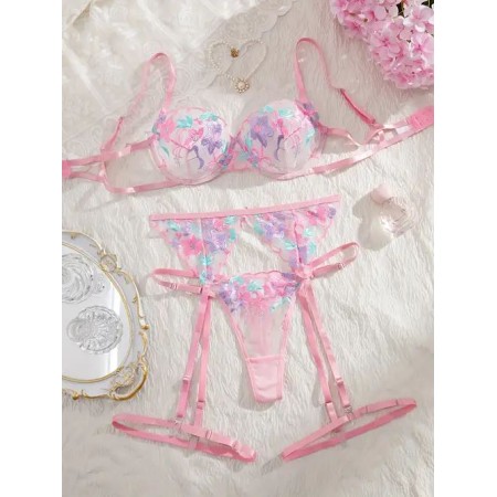 Set 3 piese lenjerie sexy din dantela cu model roz *5